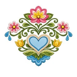 Elegant symmetrical applique embroidery design featuring a central blue heart surrounded by decorative floral motifs, swirling green vines, layered leaves, pink and yellow flowers, and blue ornamental accents