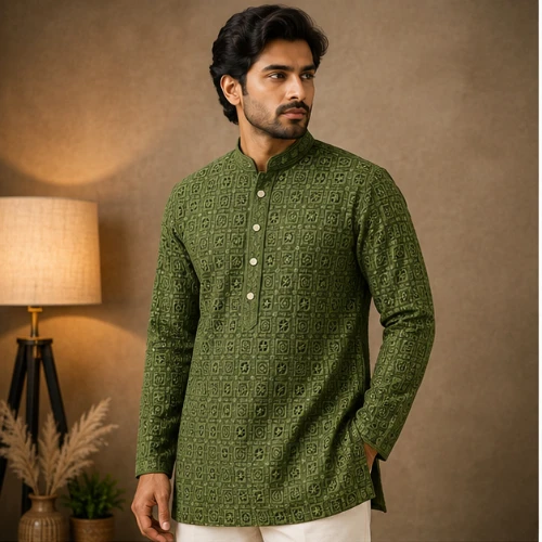Dark Mehandi Green Chikankari Sequinned Kurta for Men