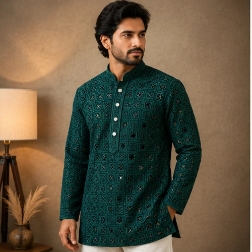 Bottle Green Square Lucknowi Kurta for Men