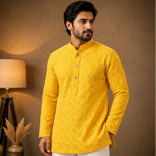 Mustard Yellow Square Lucknowi Kurta for Men