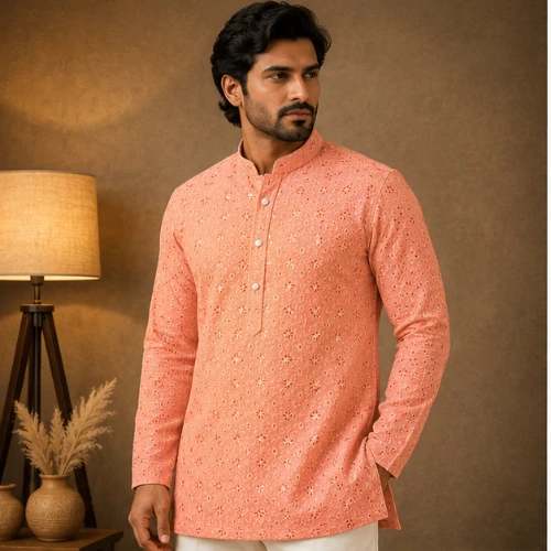 Peach Square Lucknowi Kurta for Men