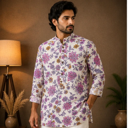 Floral Charm – Printed Cotton Short Kurta for Men