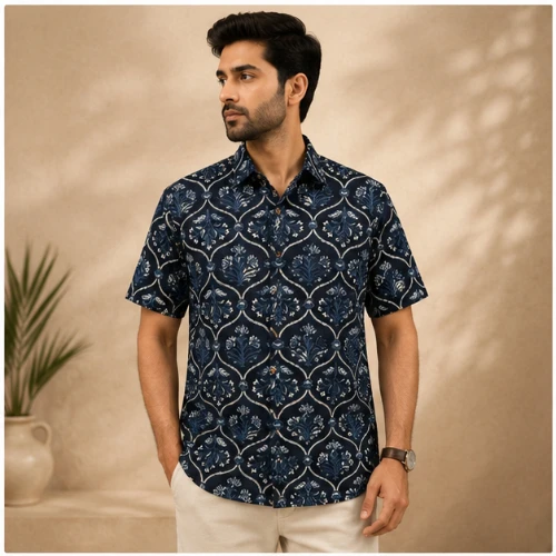 Midnight Bloom Printed Cotton Half Sleeve Shirt for Men