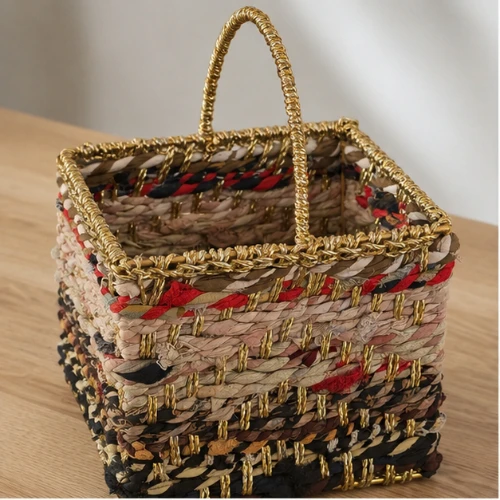 Handcrafted Multicolor Jute & Cotton Square Basket with Handles | Multipurpose Storage Organizer (8 × 8 × 7 Inch) Pattern-4