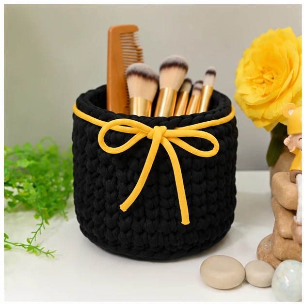 Crocheted Utility Storage Basket | Cotton Potli Basket for Stationery, Planters & Tabletop Organization | Black