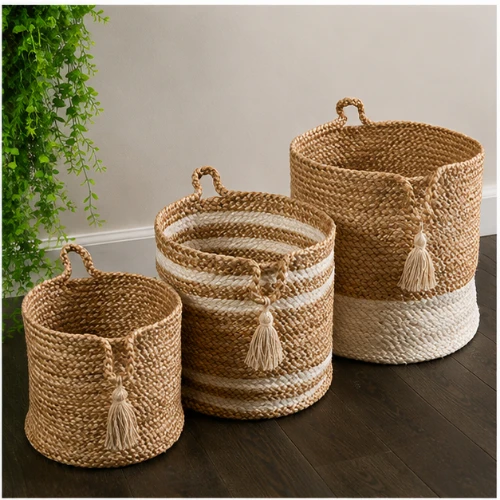 Handcrafted Cylindrical Jute Basket Cum Planter Set of 3 with Loops | Natural Storage & Decorative Planters (12, 10 & 8 Inch)