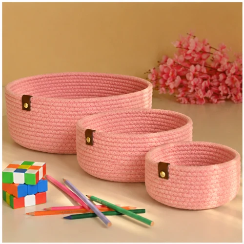 Eco-Friendly Cotton Storage Basket Bin Set of 3 | Handcrafted Round Organizer Baskets | 28×12, 24×10 & 20×8 cm