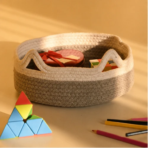 Eco-Friendly Jute Storage Basket Bin with Compact Loops | Handcrafted Round Organizer Basket | 27 × 12 cm