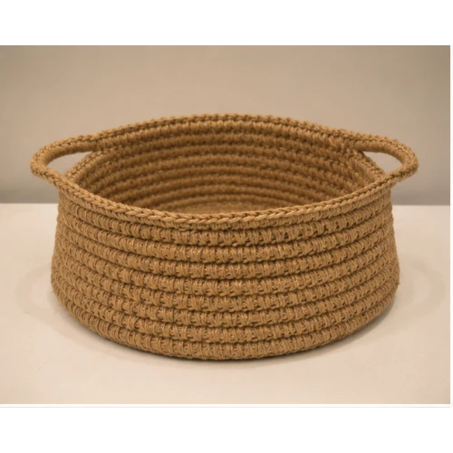 Home Decorative Jute Fruit Storage Basket | Round Kitchen Organizer | Beige | 10 × 4.5 Inch